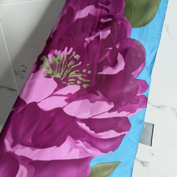 ADRIENNE VITTADINI Silk Scarf Floral Teal Rectangle 11”x54” Art To Wear Resort - Picture 2 of 9